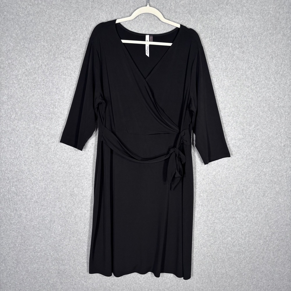 NY Collection Wrap Dress 2X‎ Black Slinky Liquid Knit Minimalist Career Church